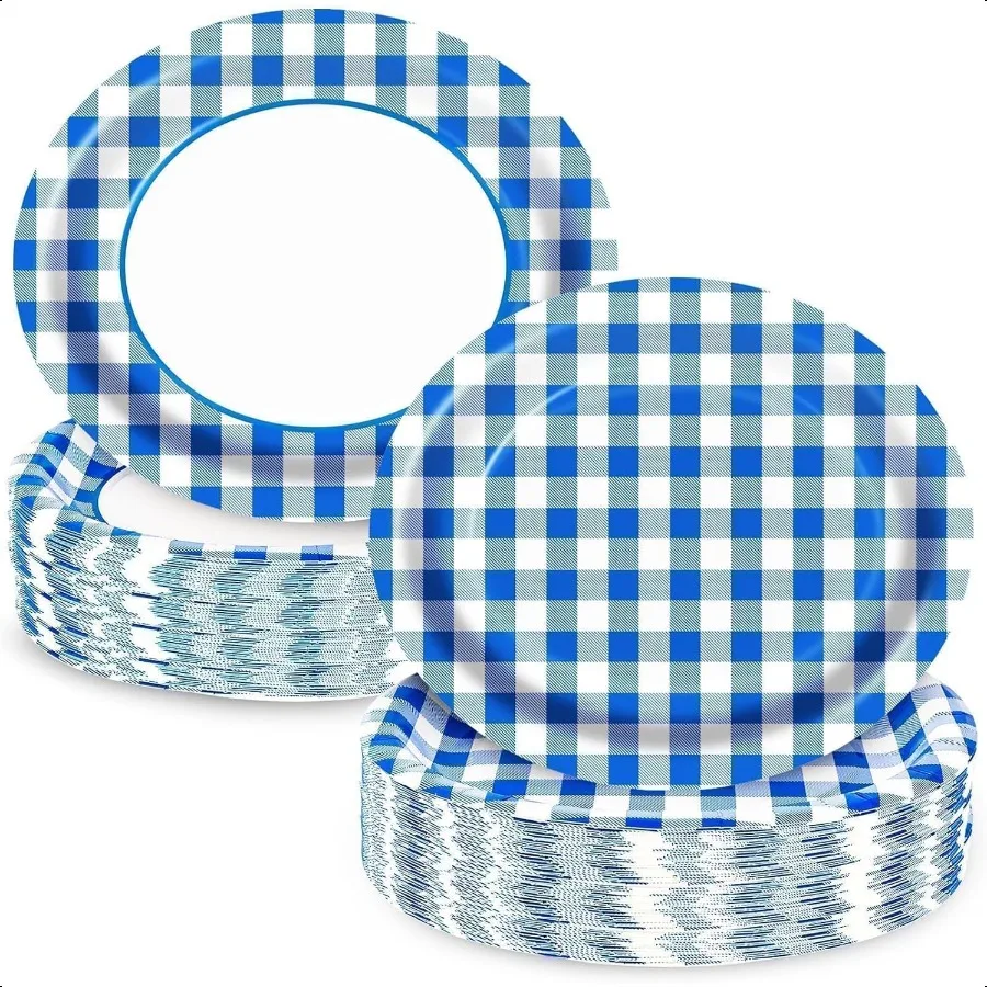 

Blue Gingham Oval Paper Plates 10 x 12Large Heavy Duty Paper Plates Blue and White Buffalo Checked Plaid for Birthday Wedding