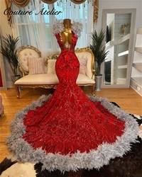 Abiti da ballo di piume grigie in pizzo rosso con paillettes di lusso 2024 per la festa di compleanno Abito da sera per ragazze nero a sirena personalizzato