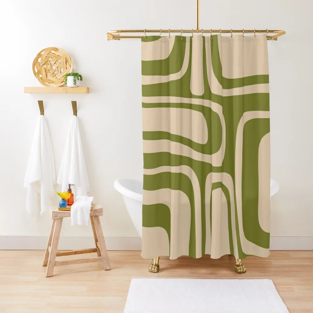

Palm Springs Retro Midcentury Modern Abstract Pattern in Mid Mod Olive Green and Beige Shower Curtain Set For Bathroom Curtain