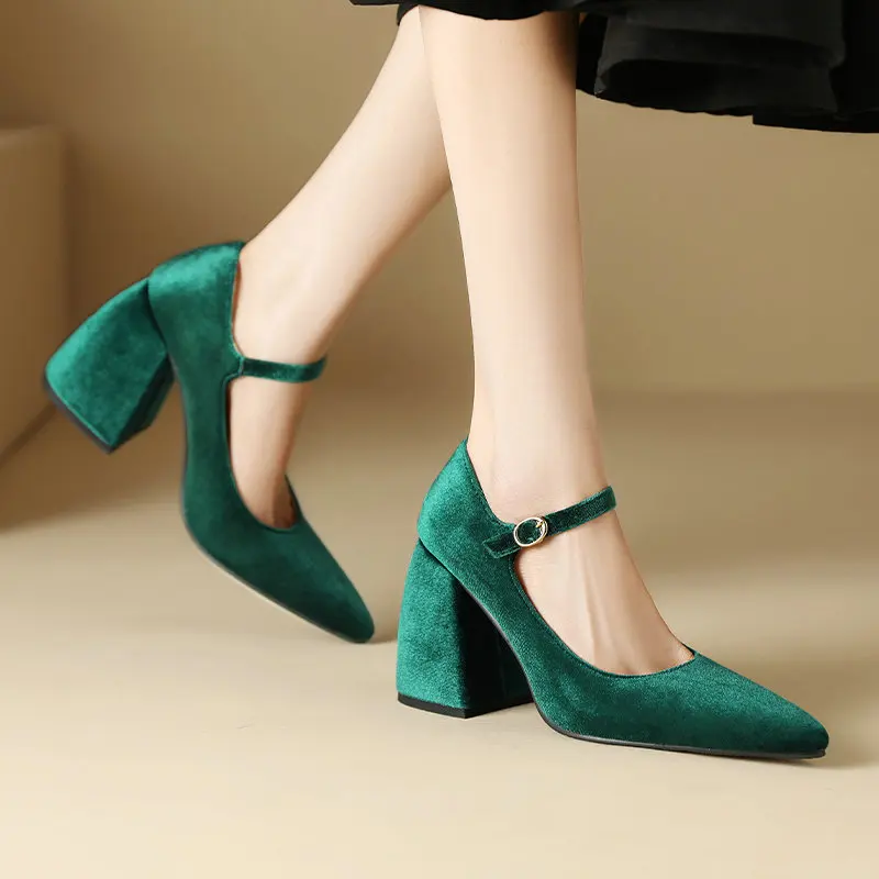 Elegant Velvet Velour Green Black Ladies Office Pumps Retro Dress Pumps Pointed Toe Chunky High Heels Mary Janes Womem Shoes