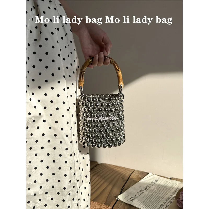 

Elegant Chinese Style Pearl Beaded Bamboo Handle Bucket Bag with Metal Accents Luxury Beading Acrylic Pearl Handbag Evening Clu