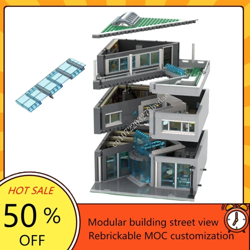 Modern Library Modular MOC Building Blocks, Street View Model, Arquitetura Criativa, DIY Assembleia de Educação, Toy Gift, 3082Pcs