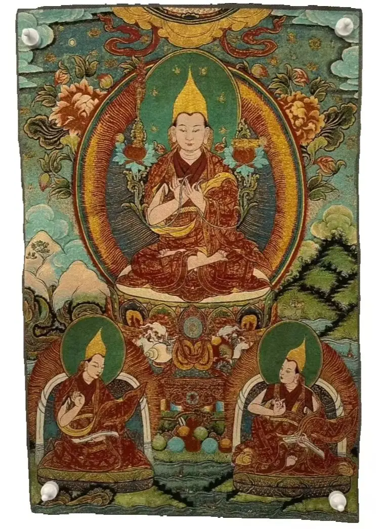 Old Silk Embroidery Brocade Nepal Tsongkhapa Buddha Thangka Worship Hall Town House Exorcism