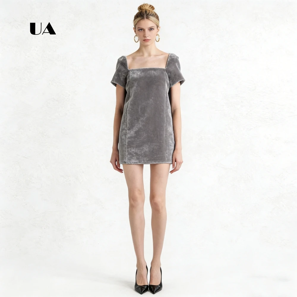 

ULBYANRY Velvet Straight Mini Dress with Short Sleeves, Solid Square Collar Bow Evening Dress with Pocket, Customized Party Gown