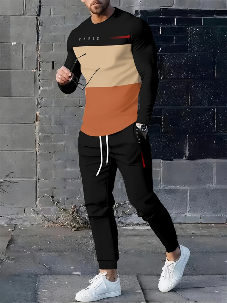 

Стильный мужской комплект, минималистичный лоскутный принт, спортивный повседневный топ из двух предметов с круглым вырезом и длинными рукавами, модные повседневные брюки