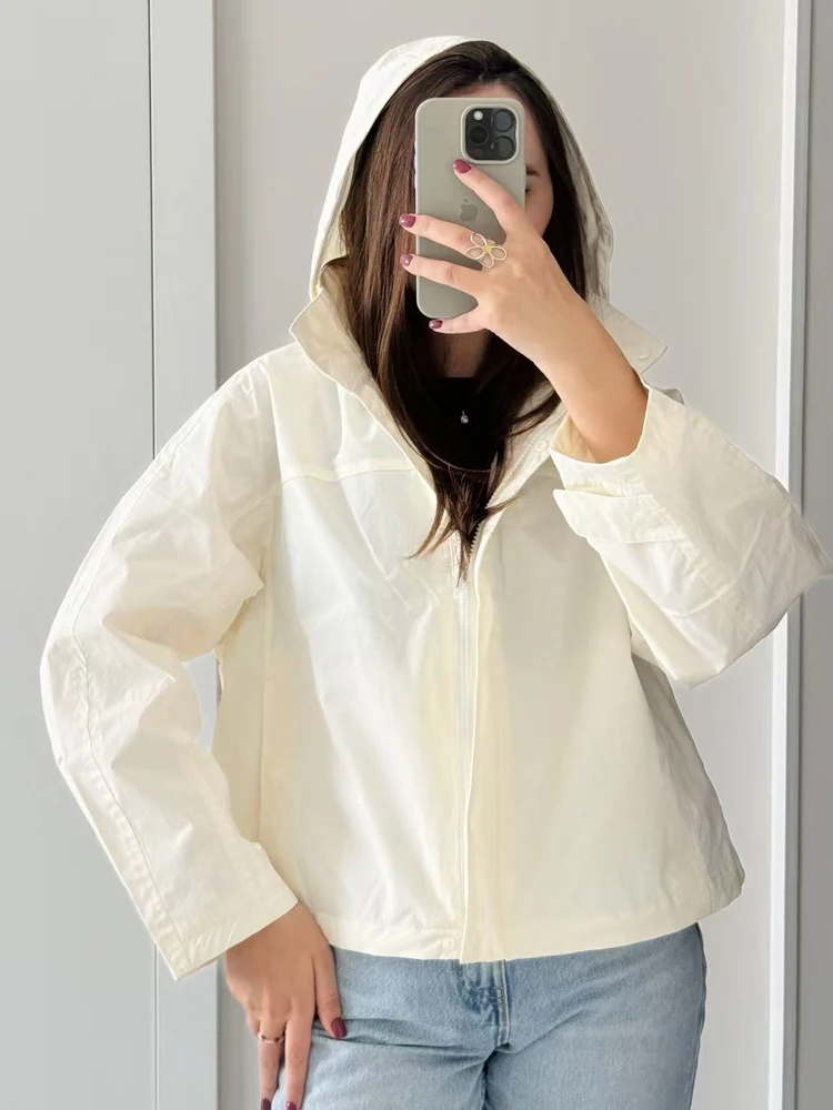 Spring New Women Fashion Solid Breathable Long sleeves drawstring Jacket Overcoat Casual Windproof Stand Collar Hooded Thin Coat