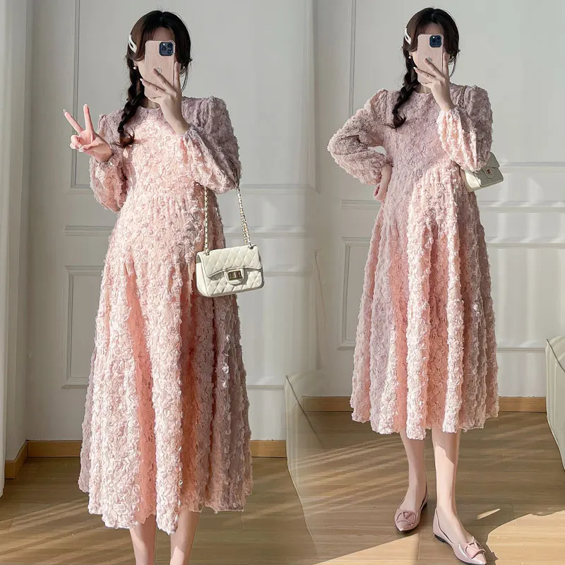 

Long Lantern Sleeve Elegant Maternity O-neck Chiffon Dress Pregnancy Wedding Dress Good Quality Pregnant Woman Party Dress Pink