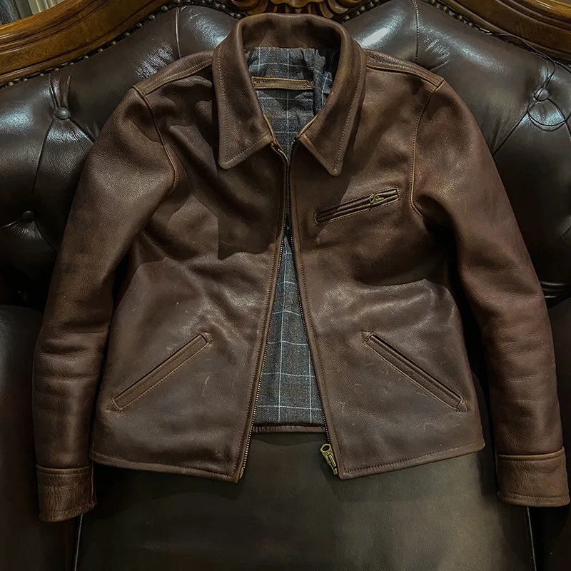 Oil Wax Layer Cowhide 1930s Vintage Men's Genuine Leather Jacket Tough Heavy Motorcycle Biker Coat Chaqueta Cuero Hombre