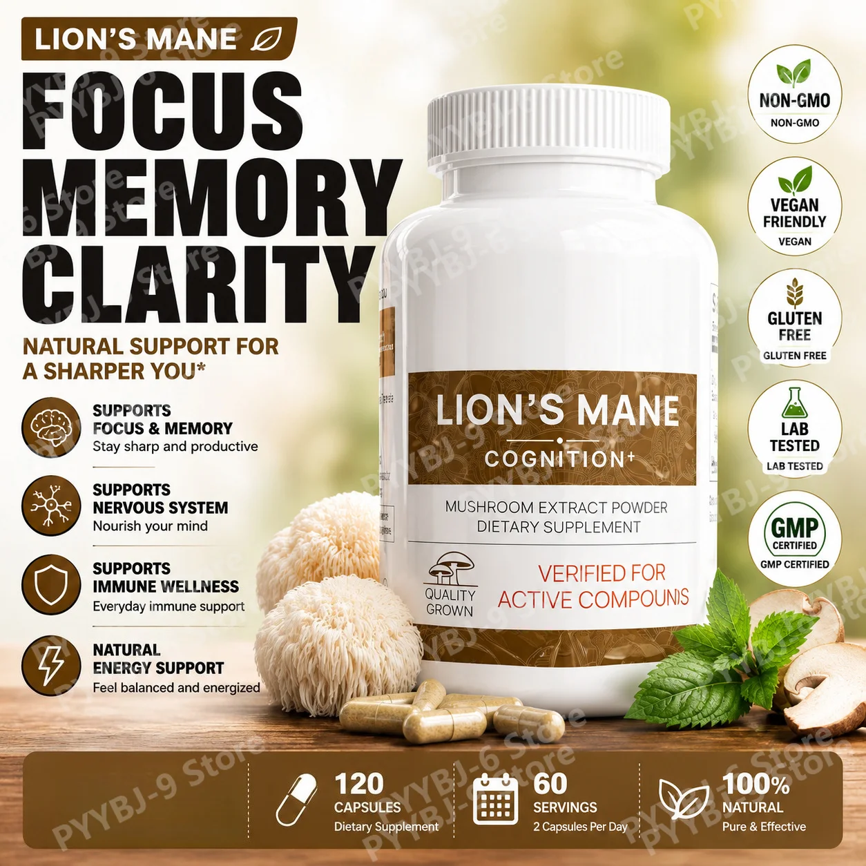 Organic Lion’s Mane Mushroom Extract Capsules Beta Glucan Plant Based Supplement for Focus Memory Daily Wellness 120 Count