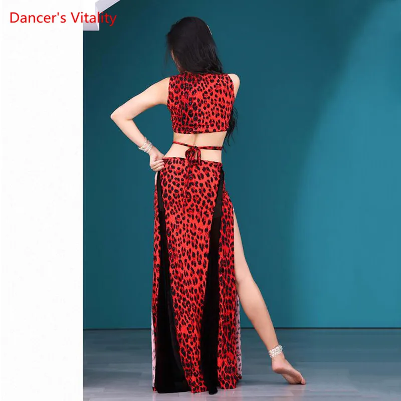 Vestido de danza del vientre con estampado de leopardo para mujer, falda larga dividida, ropa de práctica, Baile Oriental, ropa de rendimiento