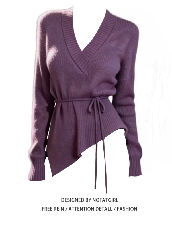 

Женская трикотажная кофта больших размеров в корейском стиле с V-образным вырезом, длинная, с поясом, утягивающая, для повседневной носки, зима 2025