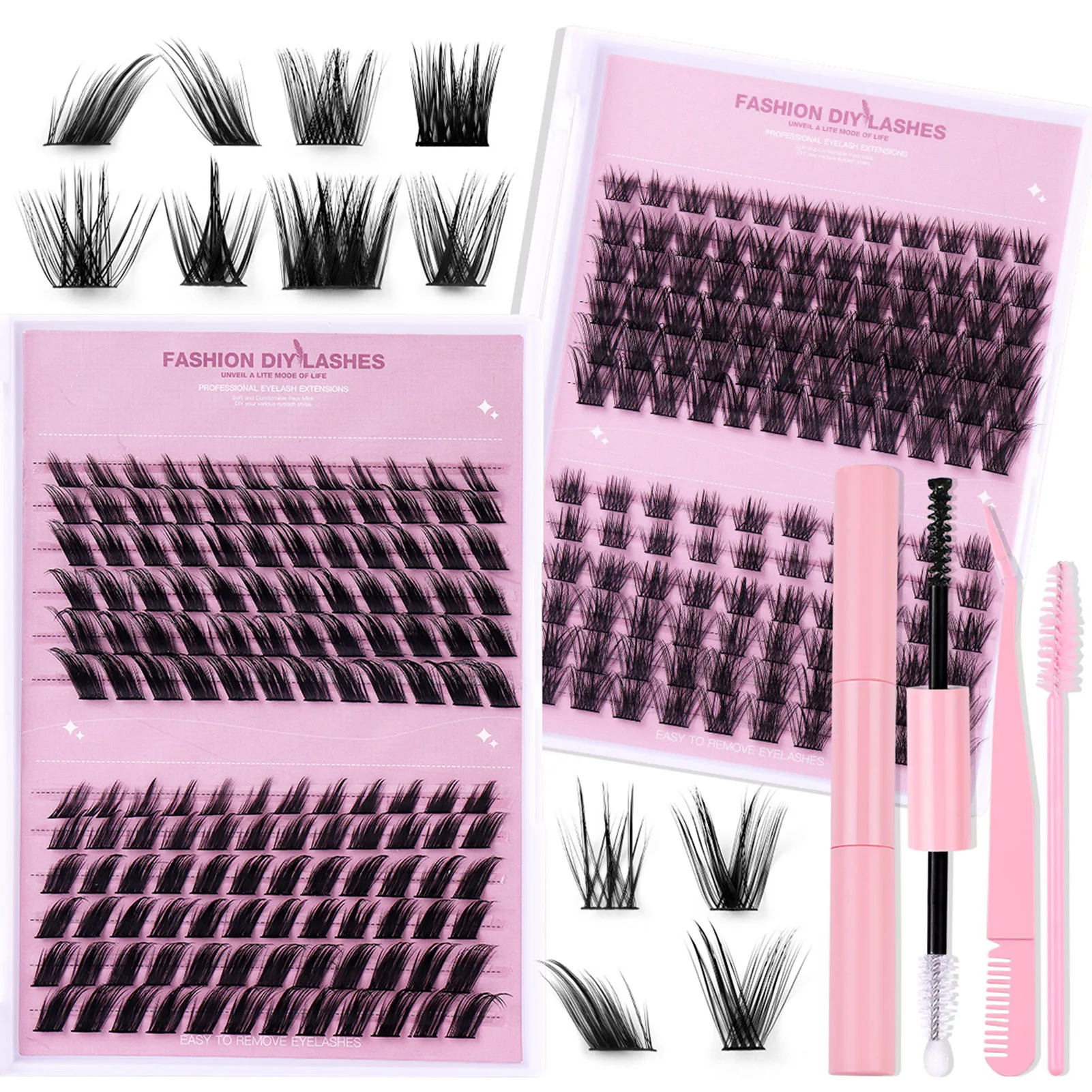 DIY Clusters lash kit Thick volume false eyelash extenstions bond and seal strong glue tweezer set Fluffy Eyelashes supplies