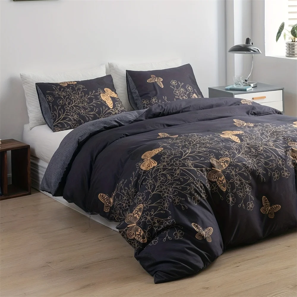 

3-Piece Golden Butterfly Luxury Duvet Cover Set - Soft, Comfortable, and Breathable Bedding for Bedroom and Guest Room