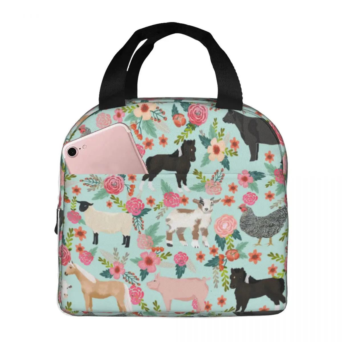 Bolsa de almuerzo para hombre y mujer, bolsa de almuerzo con aislamiento floral de animales de granja, portátil, para Picnic, trabajo, Oxford