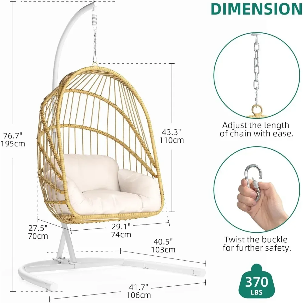 Chair Beach Wicker Swing Egg Chair With Cushions 370lbs Indoor Hanging Lounger Patio Bedroom - Beige Outdoor Swing Terrace