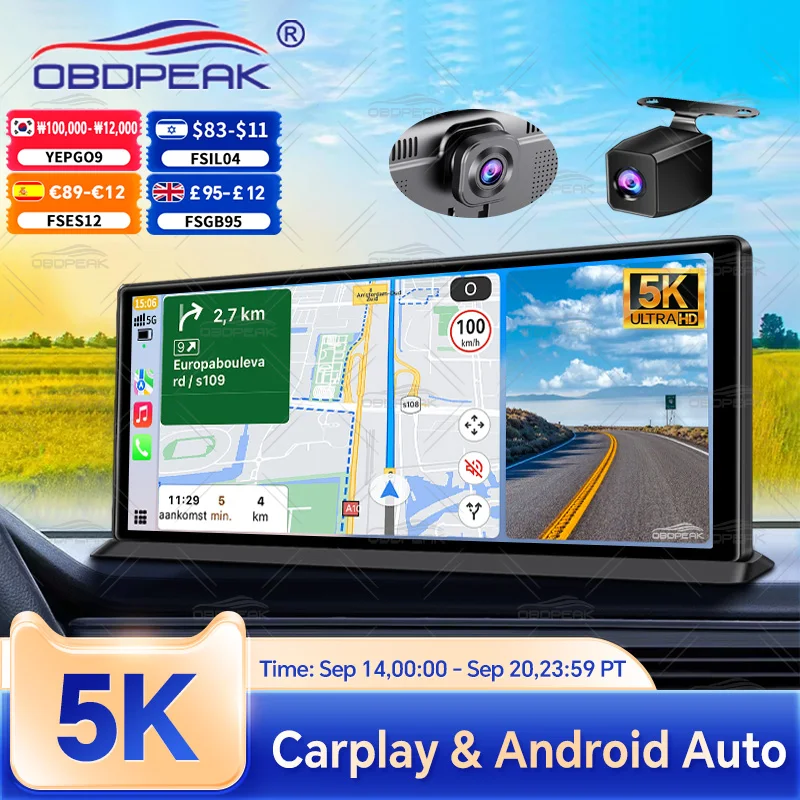 Dash Cam 5K Front Rear Car Camera Wireless CarPlay & Android Auto  WiFi GPS 11.3
