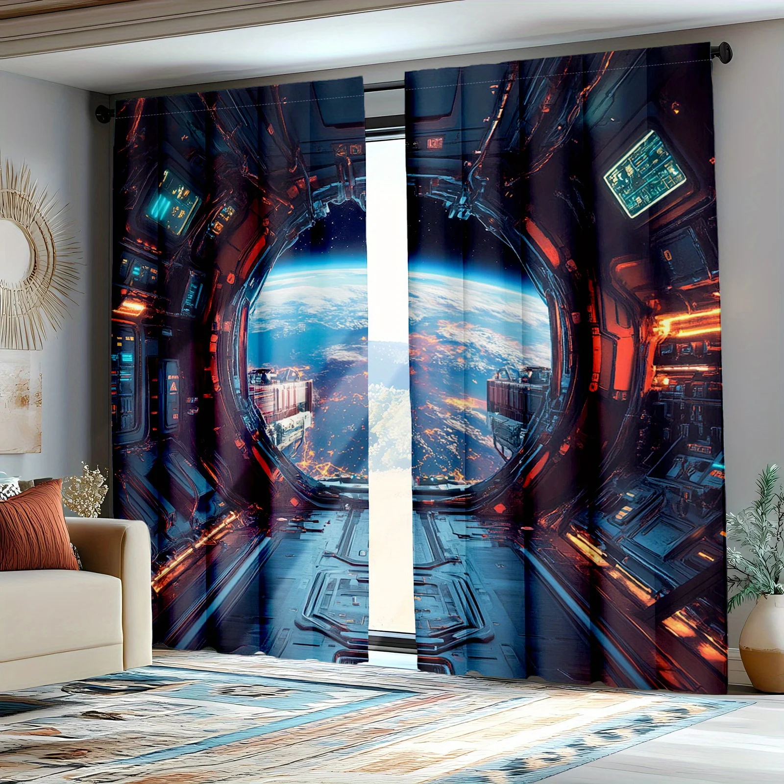 Futuristic Sci Fi Cyberpunk Curtains Window Panels Space Viewport Decor for Modern Galaxy Room Curtains