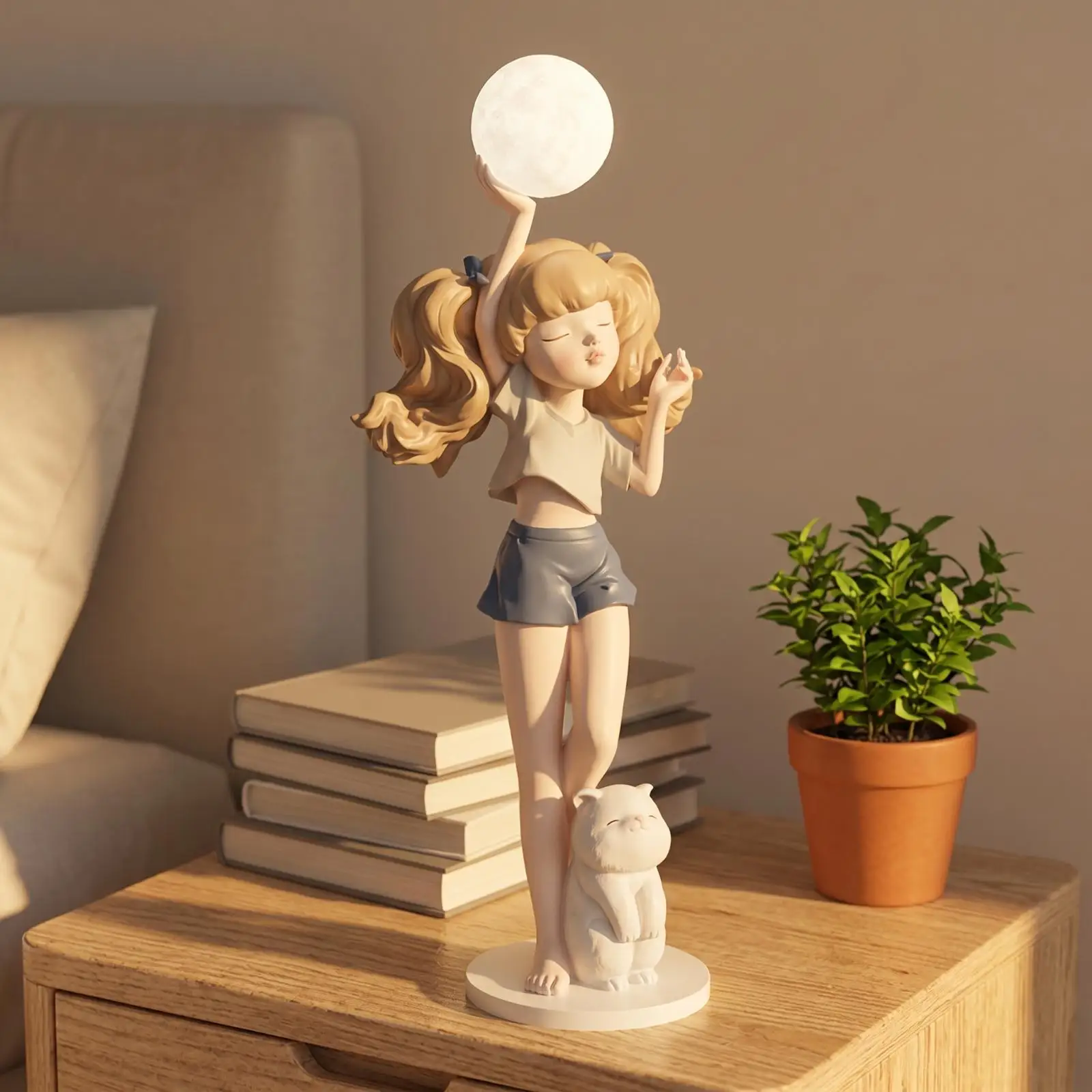 Elegant Girl Figurine Lamp with Cat Base Decorative Figurine Warm Ambient Light for Room Decoration and Living Decor view 2