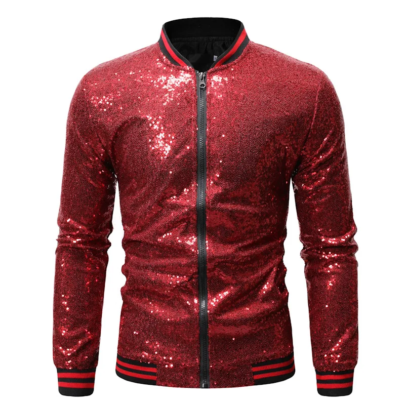 Men Jacket Sequin Stage Show Dance Performance Coat for Men with Stand Collar Shiny Long Sleeves Slim Fit Zipper Closure Mid