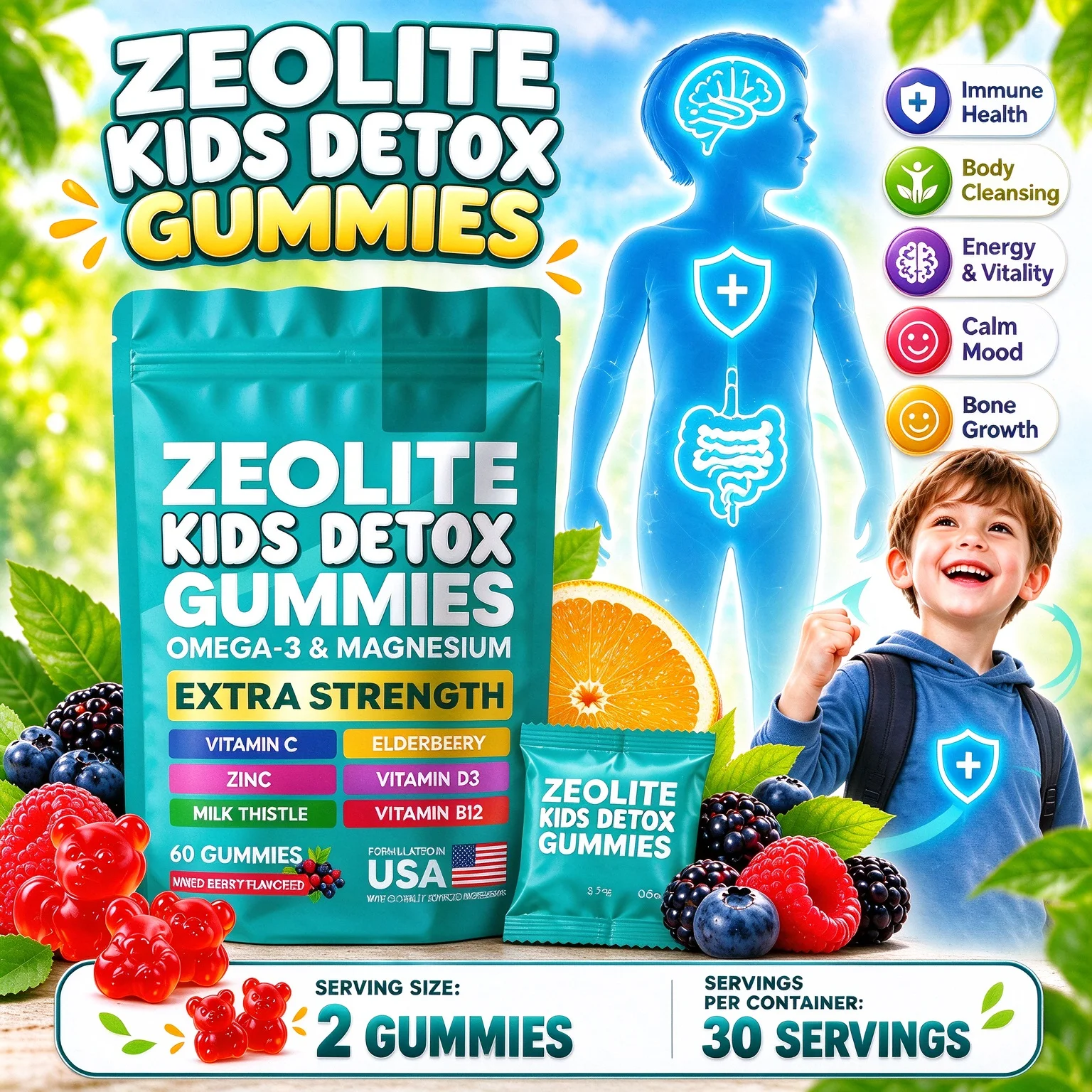 Zeolite Kids Gummies 9 in 1 Immune Body Wellness Supplement with Omega 3 Magnesium Vitamin C D3 B12 Zinc Chewable 60 Gummies