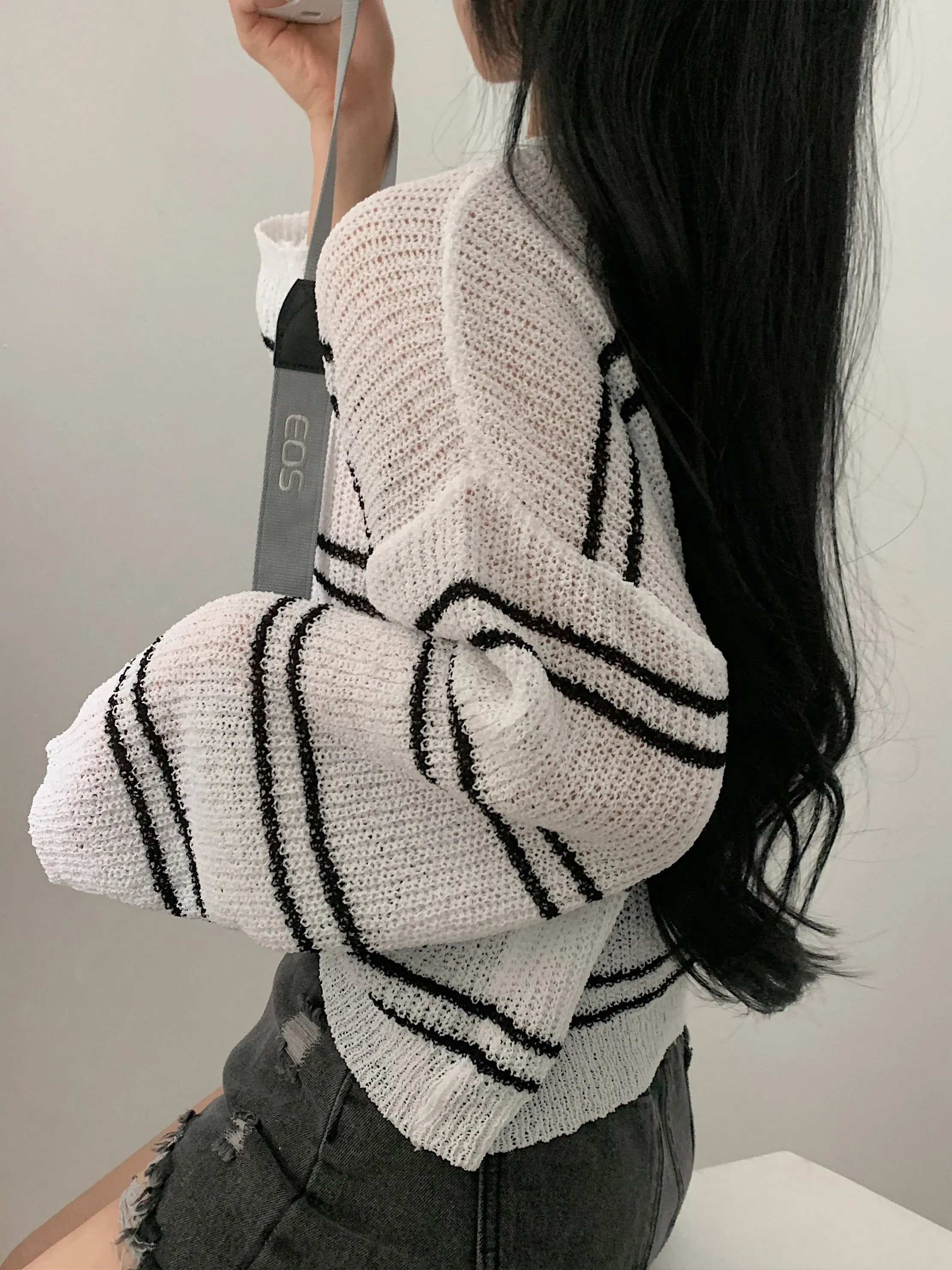 

Summer Loose Knitted Long Sve Stripe Pattern Women's T-irt Thin Design Sensation Top Faionable Casual Wear