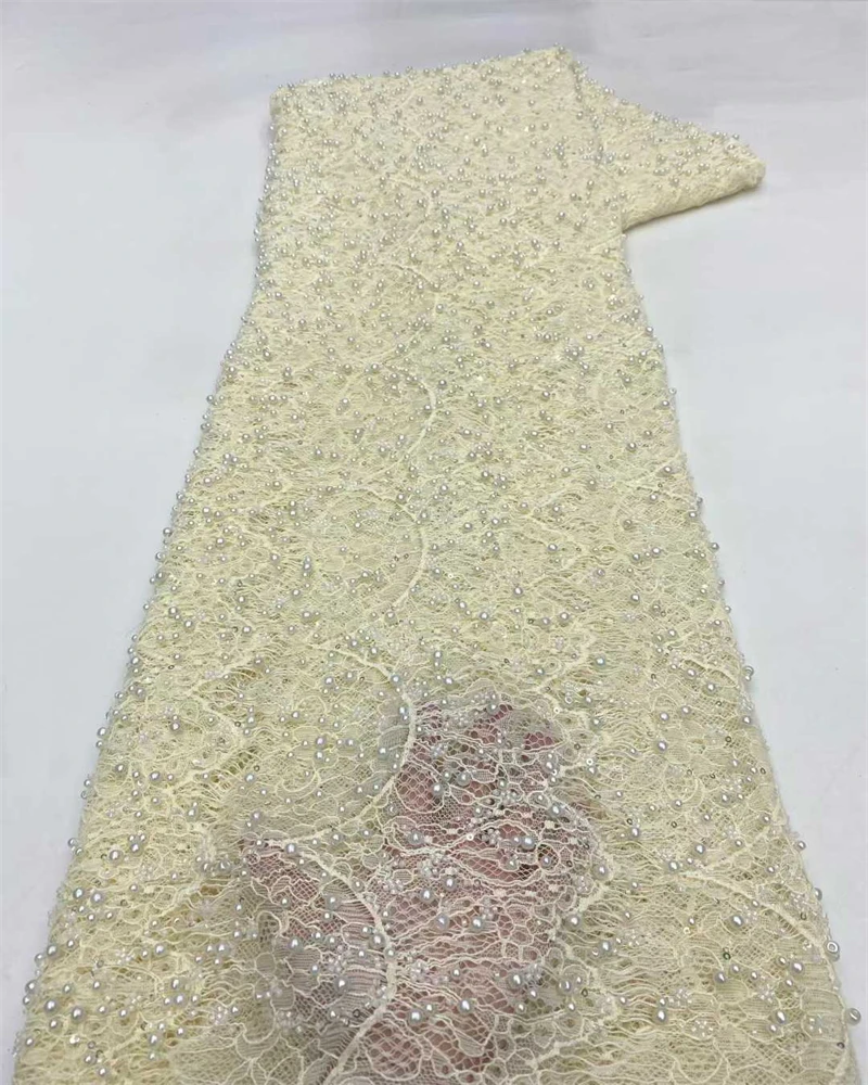 

African Handmade Beaded Pearl Lace Fabric 2026 Elegant French Nigerian Style for Sewing Women's Party Dresses