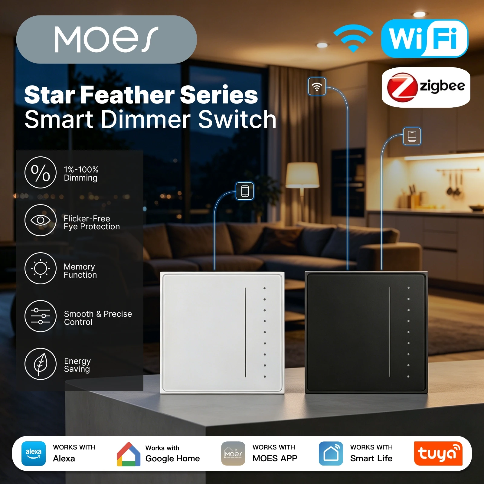 

2026 NEW MOES Tuya WiFi/Zigbee Smart Dimmer Light Switch Adjust Brightness APP Remote Control Voice, Alexa Google Home