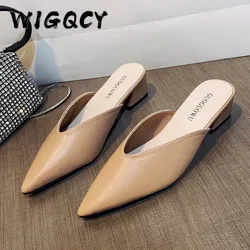 Pointed Slippers Women High Heels New Summer Shoes Fashion Luxury Square Heel Slides Slip Loafers Mules Black Female Party Shoes