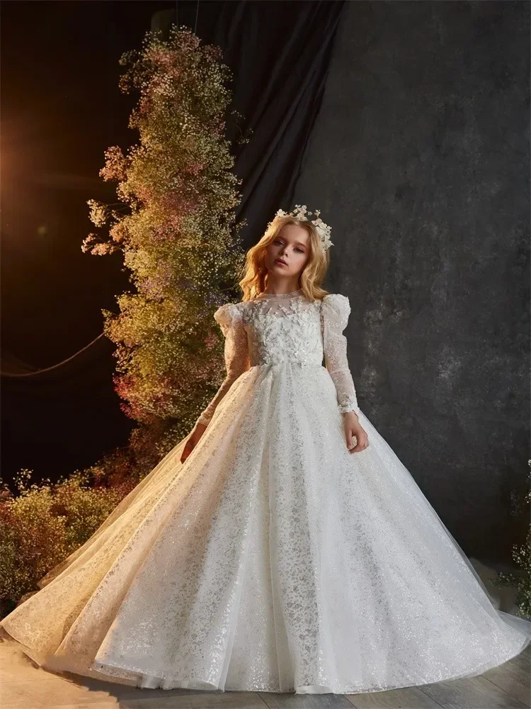 Robe en tulle à manches longues pour filles, robe de demoiselle d'honneur, appliques à col haut, robe de première communion, fête de mariage, baptême, tout ce qui est papillon