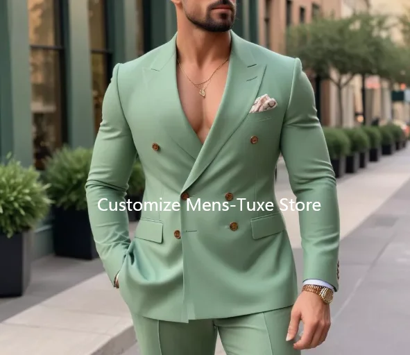 

Men's Double Breasted 2 Piece Suit Slim fit Sage Green Casual Summer Suit