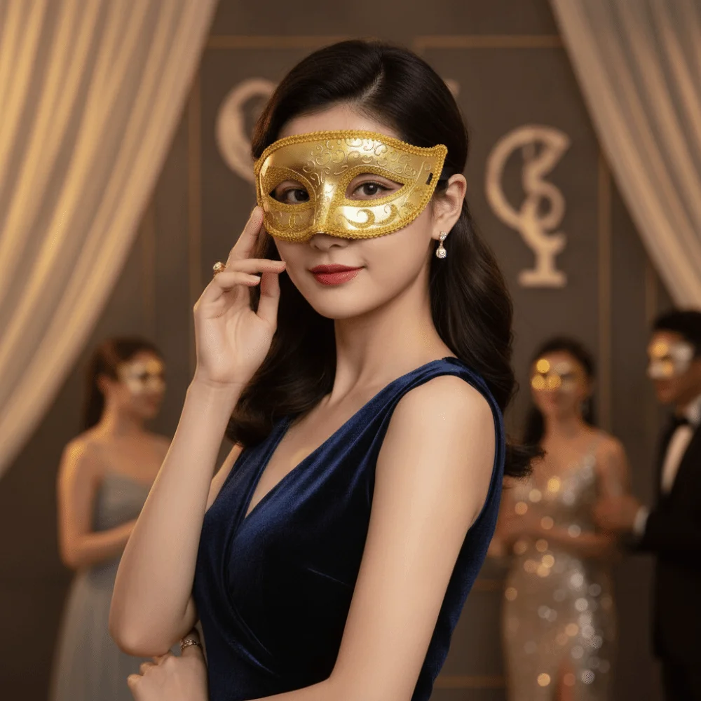 Half Face Cut Masquerade Eye Mask Rhinestone Embedded Side Flower Trim Feather Face Veil Ribbon Tie Closure Lightweight Plastic