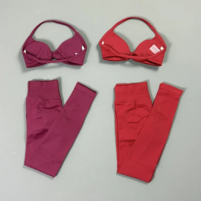 2Pcs HISTELLO Yoga Sets Women Seamless Halter Backless Sports Bra Scrunch Breathable Long Leggings Gym Running Workout Sportwear