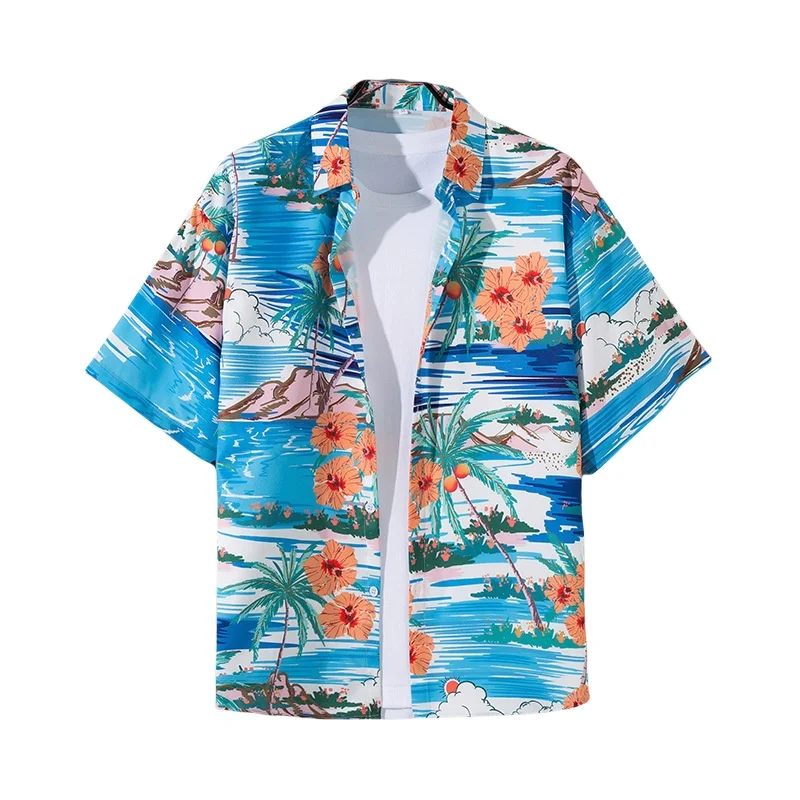 Men's Summer Seaside Travel Short Sleeve Floral Shirt Retro Hawaiian Beach Vacation Casual Loose Handsome Flower Shirt Jacket