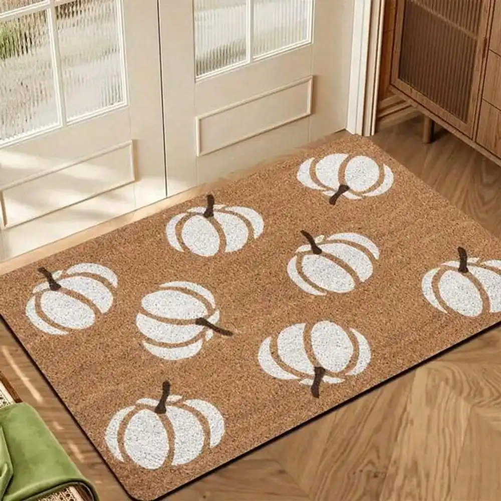 1pc Heavy-Duty Pumpkin Doormat - Beige & Brown Non-Slip Indoor/Outdoor Mat With White Speckled Pumpkin Design, Bathroom, Kitchen, Pet-Friendly Fall Home Decor (Seasonal & Year-Round Use), Bathroom Mat, Cozy Entryway, Durable Fabric, Soft Flannel