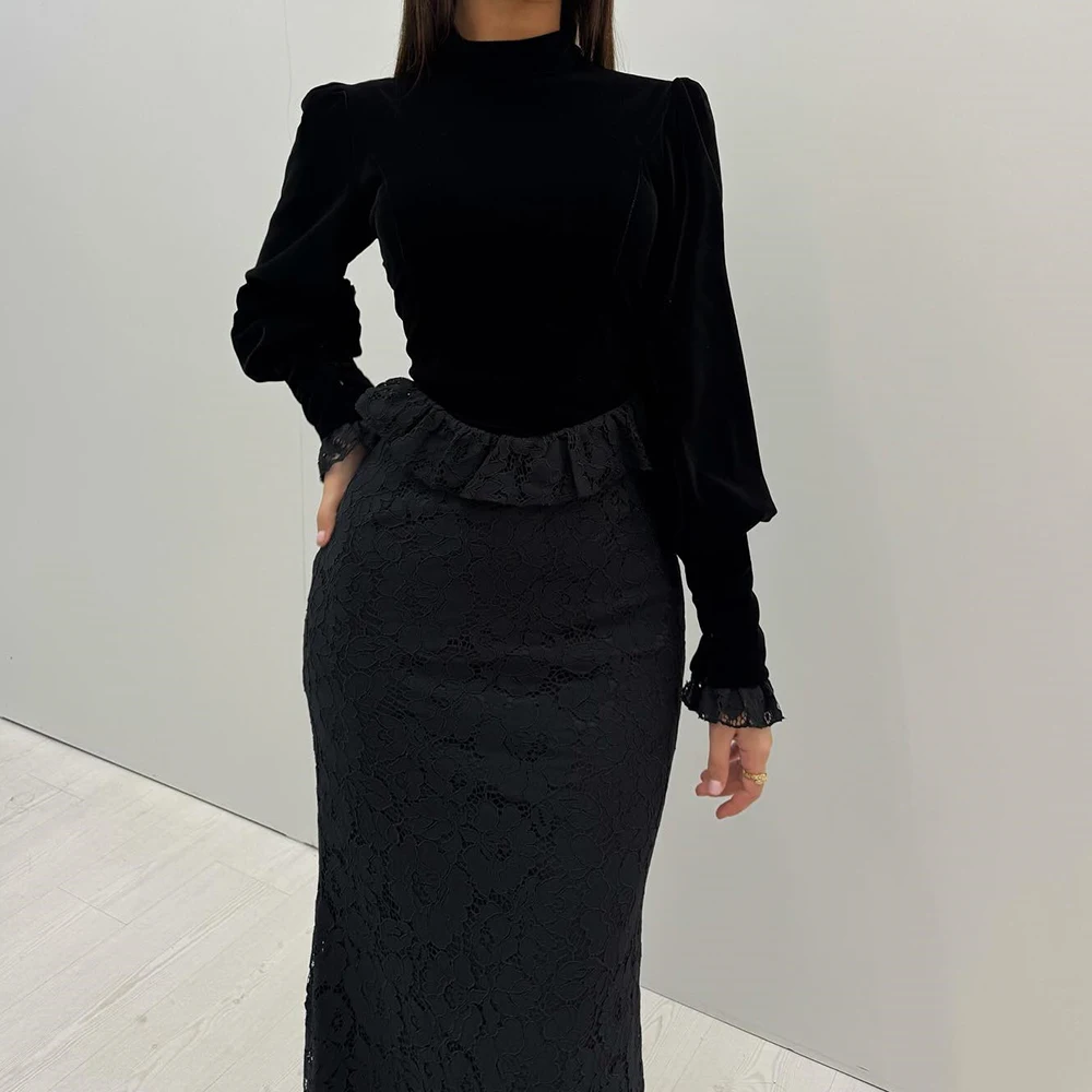 تخصيص ألف خط فساتين السهرة الكاحل طول عالية الرقبة كم كامل فستان حفلات أزياء من الدانتل Ruched بسيط ثنيات حزب ثوب