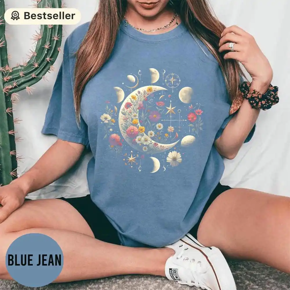 Celestial Moon Phase T-Shirt Boho Wildflowers Zodiac Top Witchcore Moon Graphic Top Mystic Lunar Floral Gift Astrology Tee
