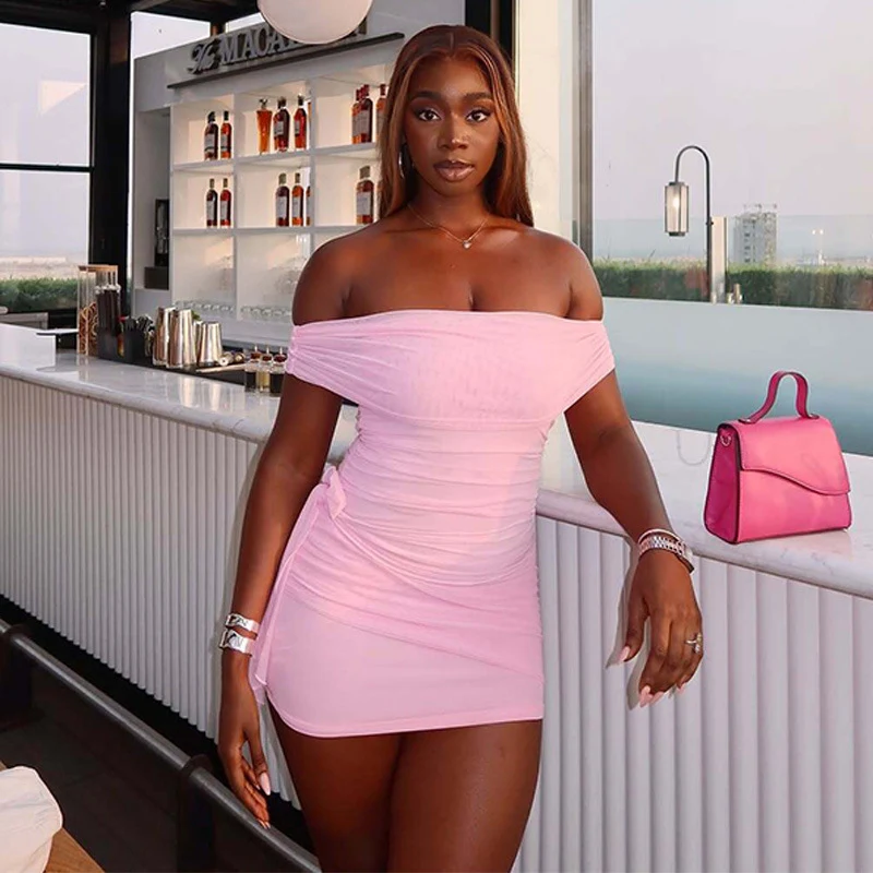 مثير قبالة الكتف Bodycon فستان قصير امرأة أنيقة ليلة نادي حفلة غمد سليم Ruched الشريط حفلة فساتين قصيرة عيد الميلاد