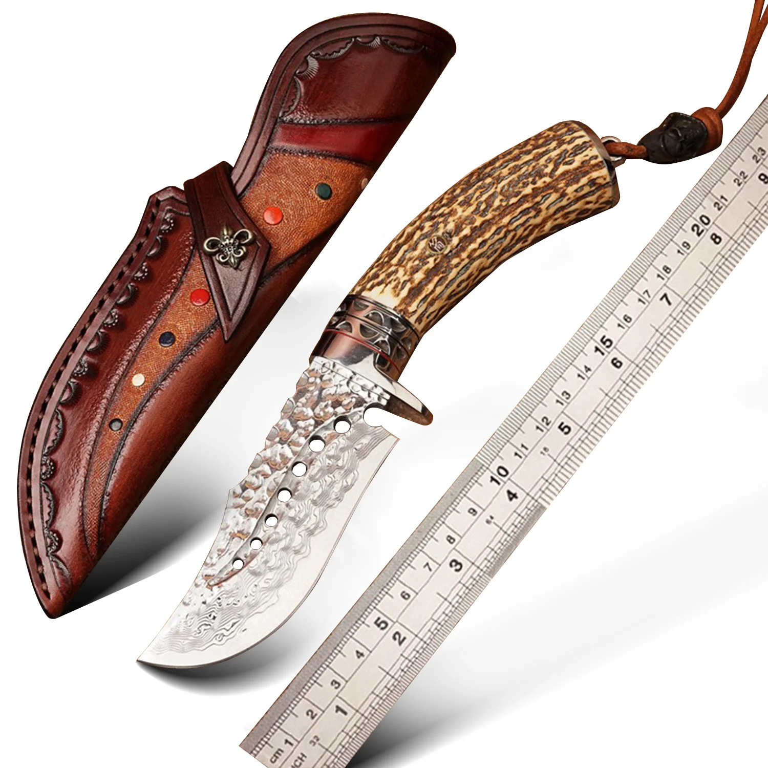 FULU 67 Layers Damascus Steel Outdoor Tool, Deer Antler Handle, 8.27inch, Leather Sheath, for Camping Hiking Fishing Wood Carvin