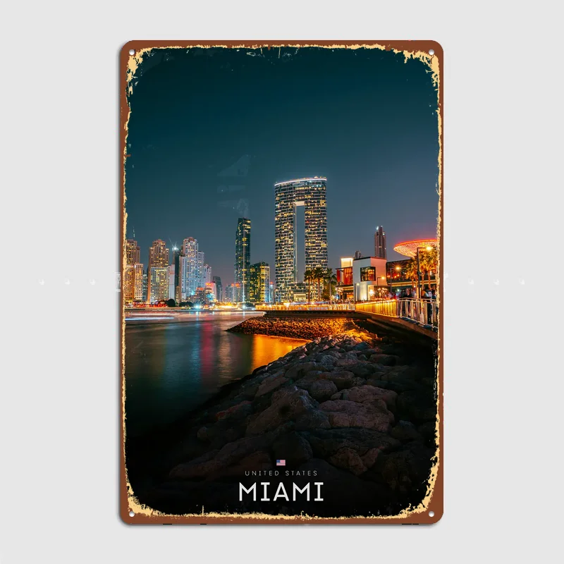 Miami Skyline at Night Metal Custom Sign Living Room Wall Indoor Decor Room Decoration Bedroom Posters Home Decor