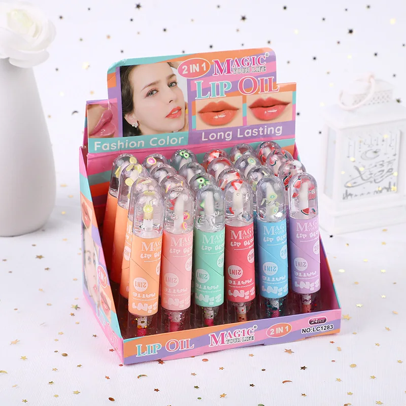 24pcs Cute 2 IN 1 Lip Gloss Color Changing Glossy Moisturizing Long Lasting Lip Gloss Girls Women Lips Makeup Wholesale