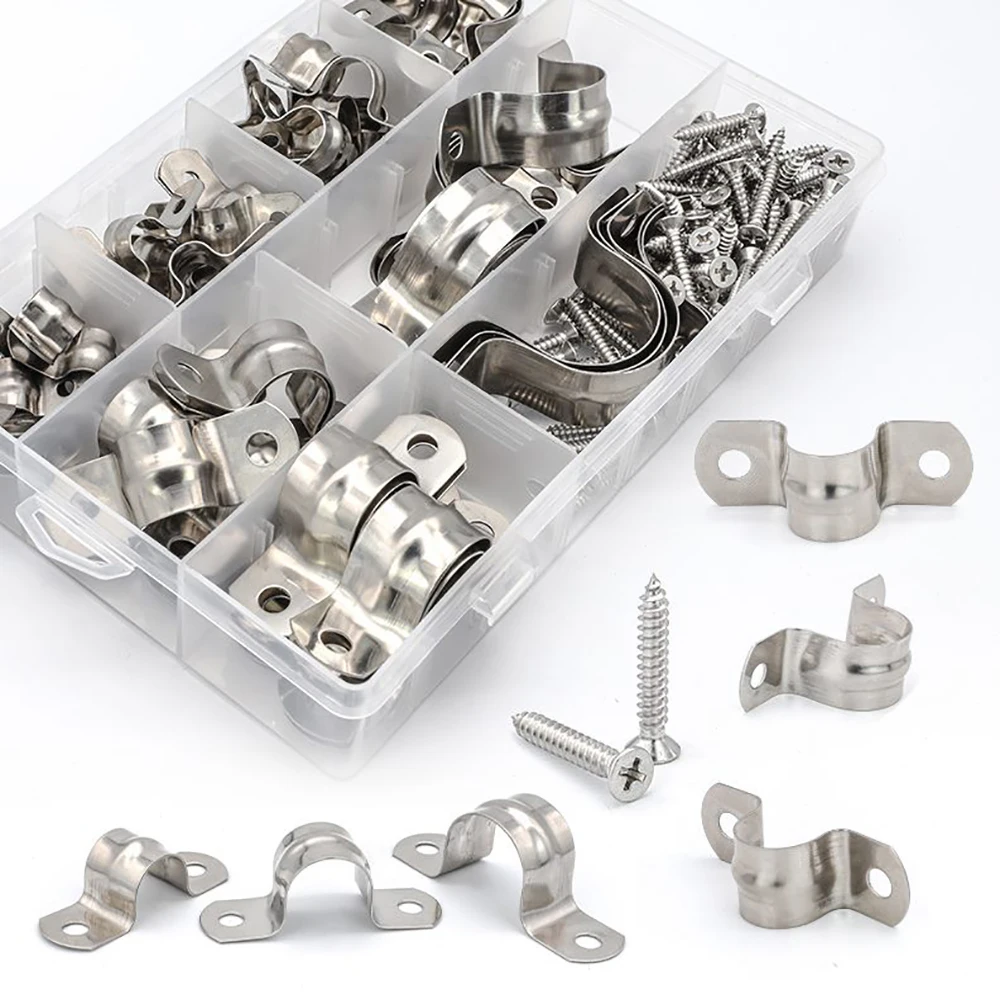 

U Shape Pipe Clamps Set 5mm - 30mm Stainless Steel Two Hole Strap Conduit Tube Clip Water Pipe Plumbing Saddle Clamps