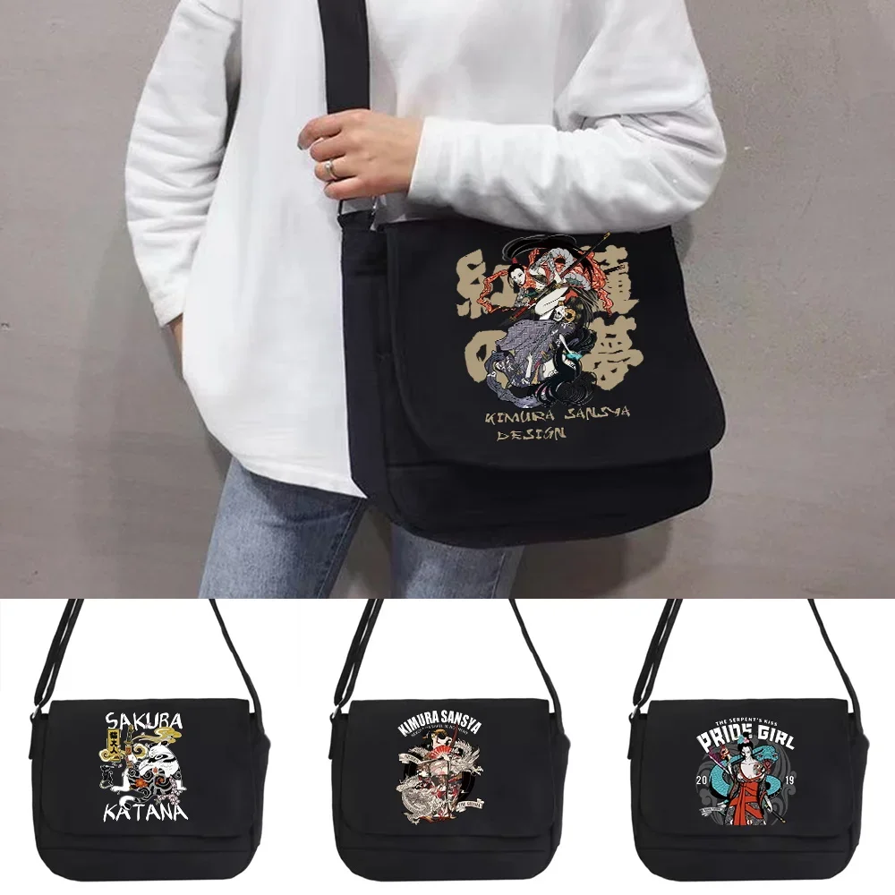 Nova bolsa de ombro crossbody estilo estudante versão casual selvagem mensageiro caso pacote lona samurai impressão organizador para as mulheres sacos