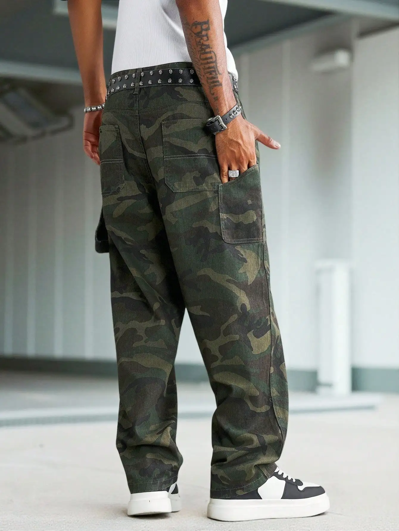 Men's American Vintage Camo Multi-Pocket Wide-Leg Cargo Pants, High Street Loose Straight Streetwear Cargo Trousers