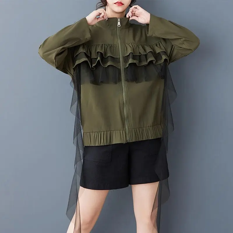 Women's Loose Fit Spring Coat with Lotus Leaf Hem, Mesh Panels & Stand Collar – Trendy Zippered Outerwear G168