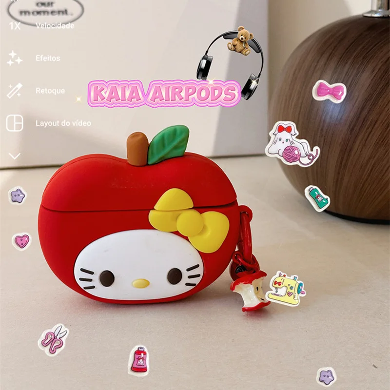 Miniso Sanrio Hello Kitty Anime Airpods Case Cute Red Apple Airpods 4 3 2 Pro 2 Bluetooth Earphone Wireless Earbuds Cute Cover