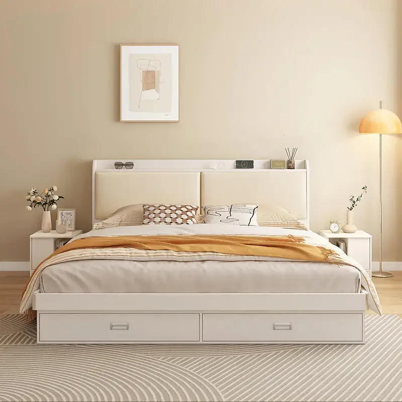 Modern New Design Box Hotel Bedroom Furniture Double White Wooden Queen King Size Bed Frame With Storage