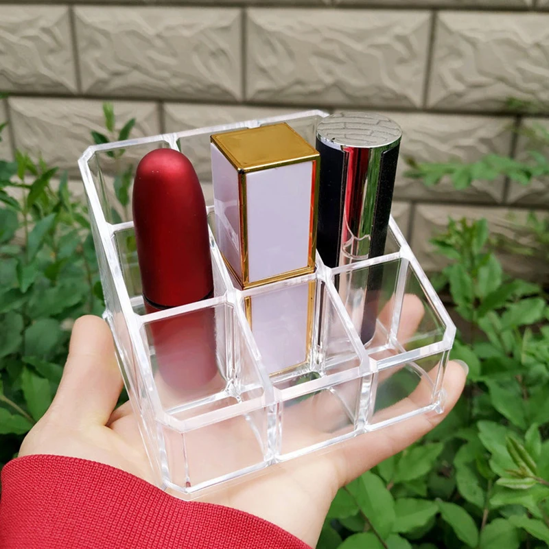 9 Slots Clear Acrylic Lipstick Storage Box Trapezoid Cosmetic Display Case Store Desk Lipstick Cosmetic Organizer Holder Stand