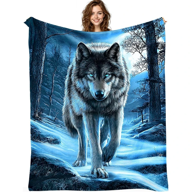 Snow Forest Walking Lone Wolf Realistic Throw Blanket,Warm Sofa,Chill Night Cover,Birthday Anniversary Cool Style Offering