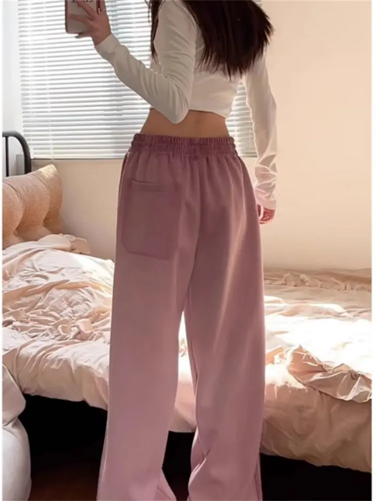 กางเกงขายาวทรงตรงสไตล์อเมริกันสำหรับผู้หญิง ลายทางสีชมพู กางเกงลำลองสำหรับฤดูใบไม้ร่วงและฤดูหนาว ทำจากผ้าถัก
