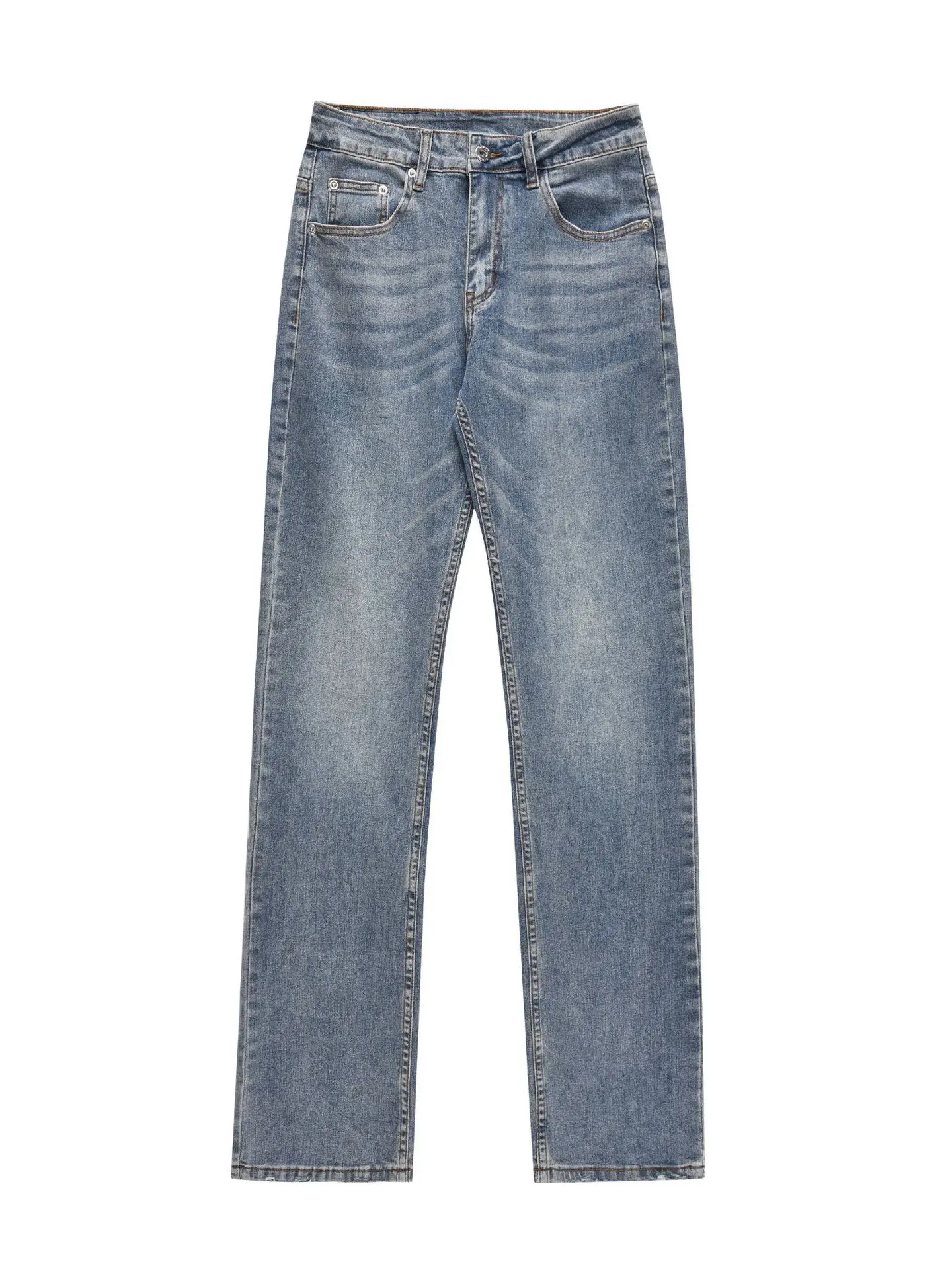 

Retro American Men's Straight Leg Slim Fit Jeans Casual Waed Blue Versatile Cotton Blend mid Waist Zipper Closure Autumn